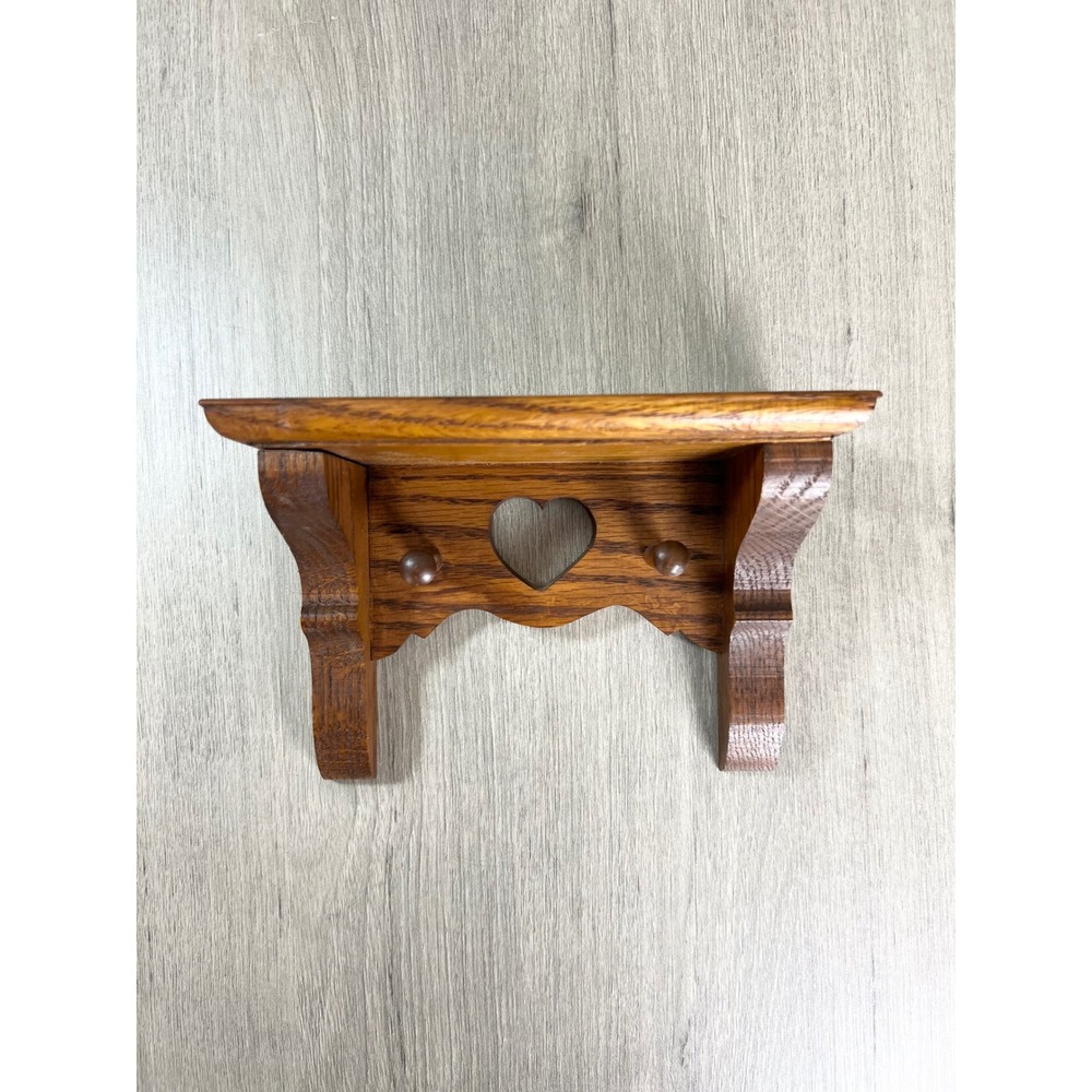 Vintage R F Smith Oak Wood Wall Shelf Heart Cutout Pegs Country Rustic 8.5in